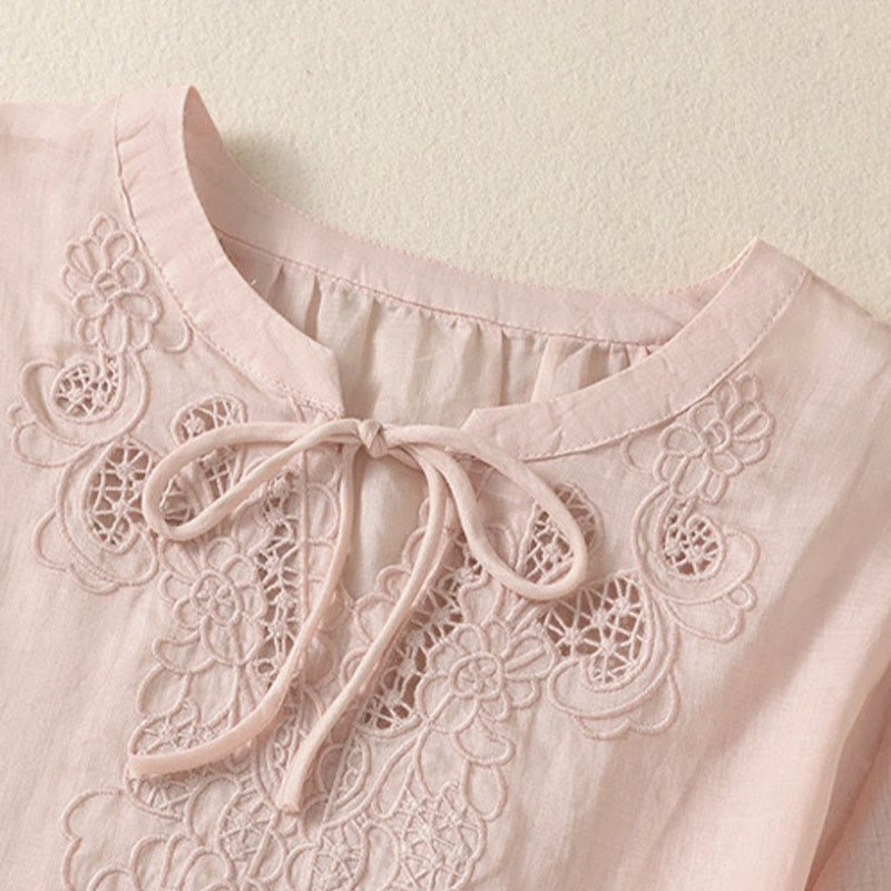 Buddha Stones Summer Embroidery Flower Lace-up Design Notched Collar Women's Short Sleeve Shirt - image 18