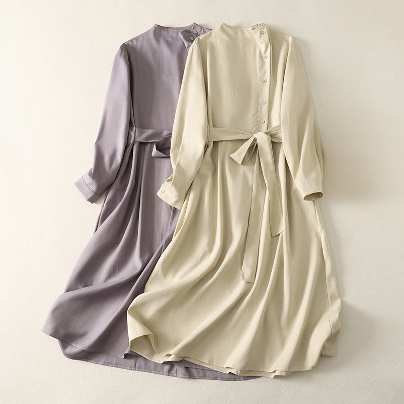 Buddha Stones Plain Lace-up Long Sleeve Half Buttons Design High Neck Women's Cotton Midi Dress With Pockets - image 16