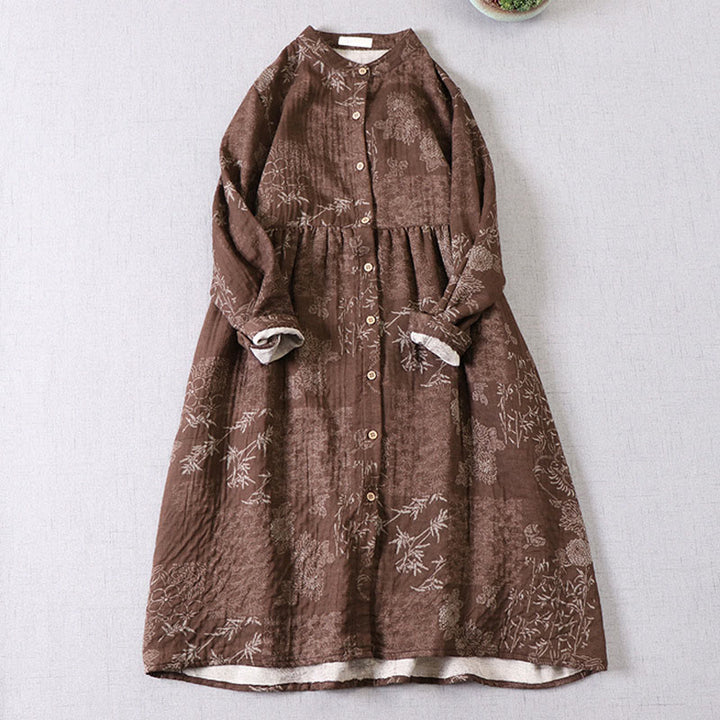 Buddha Stones Commute Bamboo Floral Pattern Long Sleeve Buttons Women's Cotton Midi Dress With Pockets - SaddleBrown - US4-6，UK/AU8-10，EU36-38 (F) - image 9