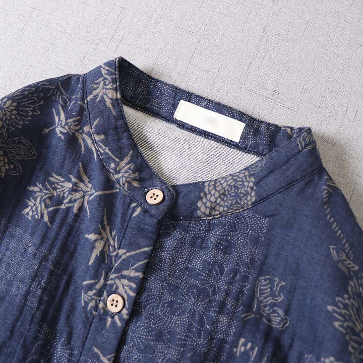 Buddha Stones Commute Bamboo Floral Pattern Long Sleeve Buttons Women's Cotton Midi Dress With Pockets - image 5