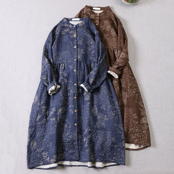 Buddha Stones Commute Bamboo Floral Pattern Long Sleeve Buttons Women's Cotton Midi Dress With Pockets - image 0