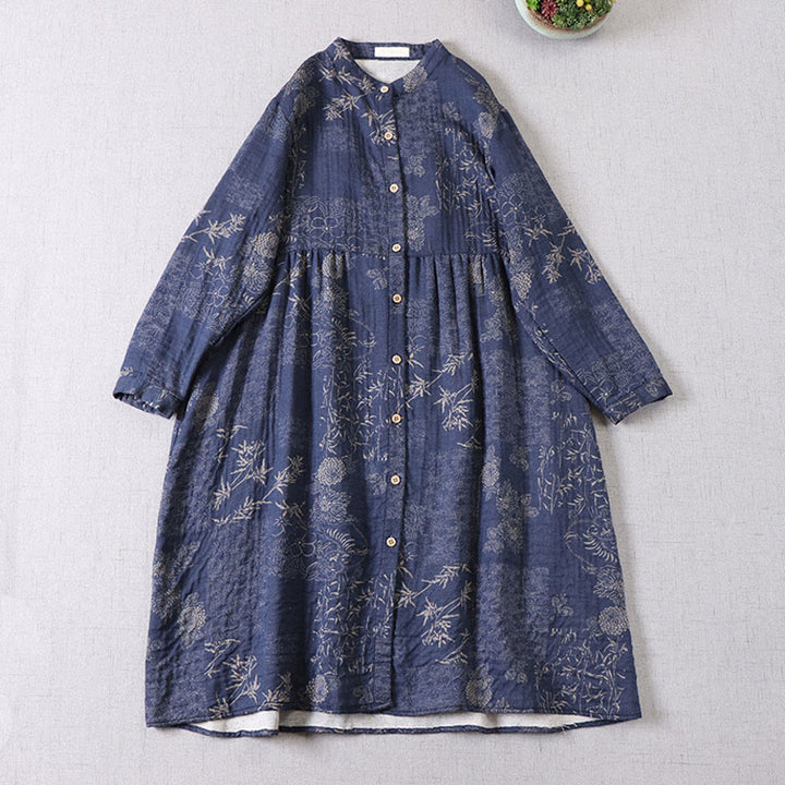 Buddha Stones Commute Bamboo Floral Pattern Long Sleeve Buttons Women's Cotton Midi Dress With Pockets - DarkBlue - US4-6，UK/AU8-10，EU36-38 (F) - image 1