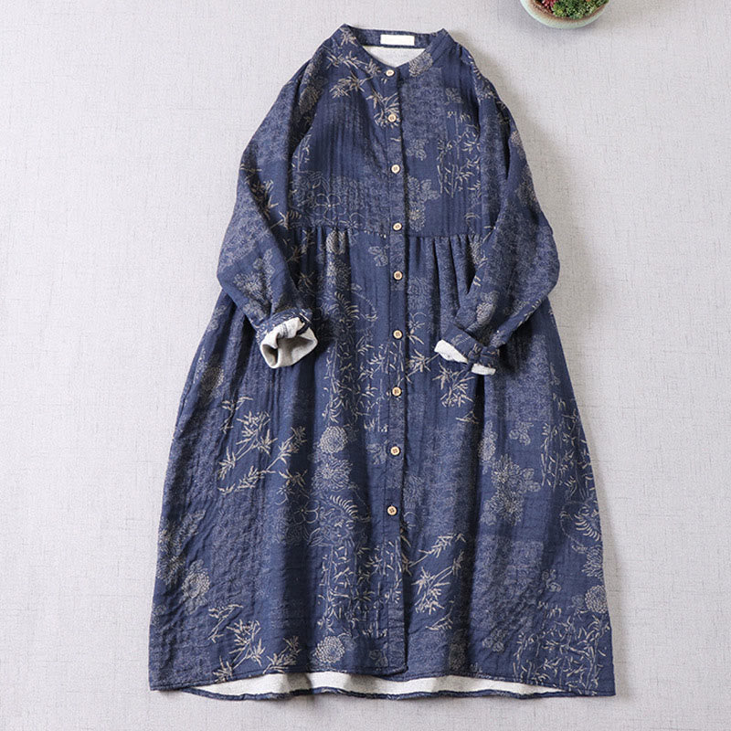 Buddha Stones Commute Bamboo Floral Pattern Long Sleeve Buttons Women's Cotton Midi Dress With Pockets - image 2