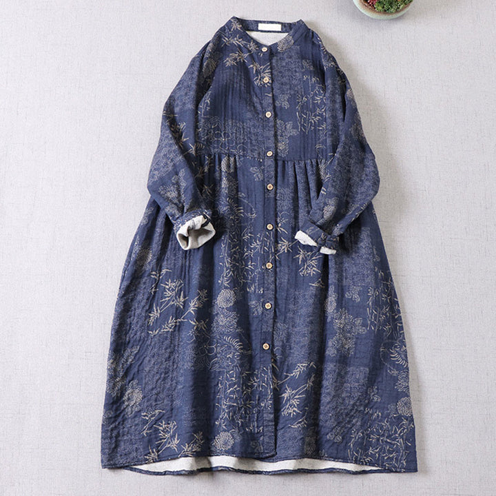 Buddha Stones Commute Bamboo Floral Pattern Long Sleeve Buttons Women's Cotton Midi Dress With Pockets - image 2