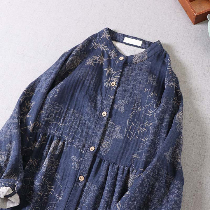 Buddha Stones Commute Bamboo Floral Pattern Long Sleeve Buttons Women's Cotton Midi Dress With Pockets - image 4