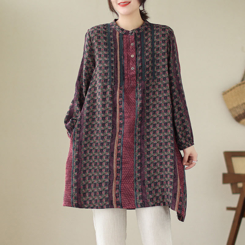 Buddha Stones Retro Printed Floral Women's Accordion Pleats Design Long Sleeve Shirt With Pockets - DarkRed - US8-10，UK/AU12-14，EU40-42 (2XL) - image 13