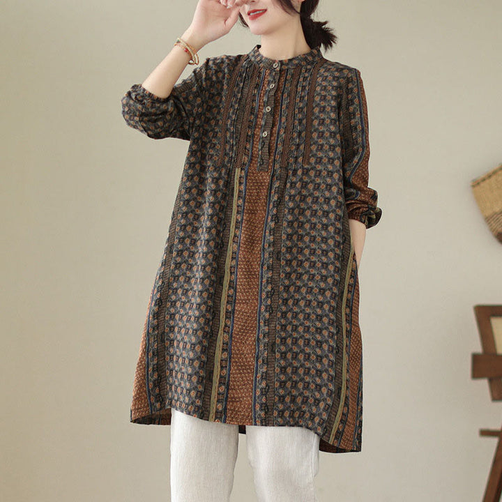 Buddha Stones Retro Printed Floral Women's Accordion Pleats Design Long Sleeve Shirt With Pockets - SaddleBrown - US8-10，UK/AU12-14，EU40-42 (2XL) - image 0