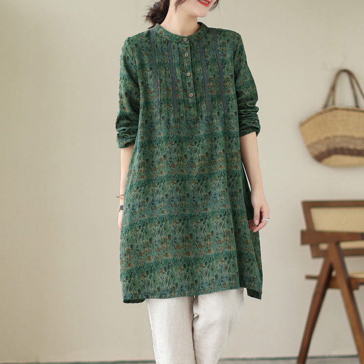 Buddha Stones Retro Printed Floral Women's Accordion Pleats Design Long Sleeve Shirt With Pockets - SeaGreen - US8-10，UK/AU12-14，EU40-42 (2XL) - image 16