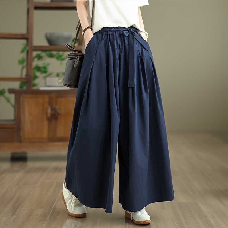 Buddha Stones Darkblue Plain Lace-up Design Women's Wide Leg Elastic Waist Pants With Pockets - image 1