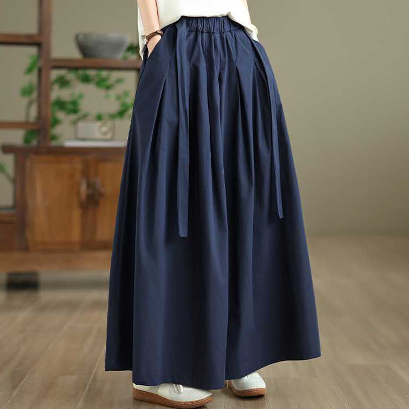 Buddha Stones Darkblue Plain Lace-up Design Women's Wide Leg Elastic Waist Pants With Pockets - image 2