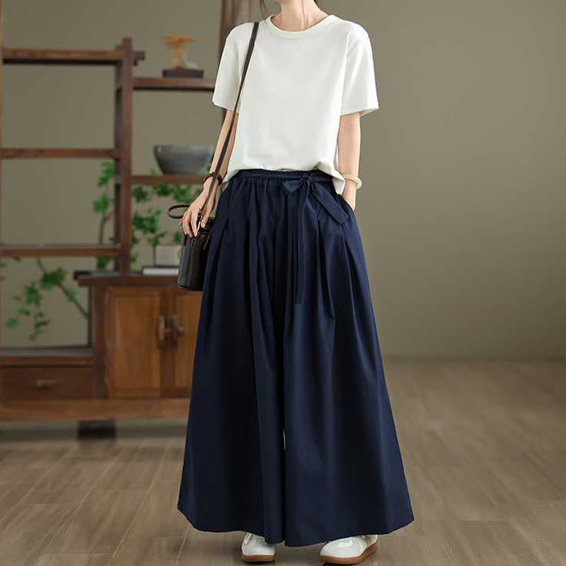 Buddha Stones Darkblue Plain Lace-up Design Women's Wide Leg Elastic Waist Pants With Pockets - image 6