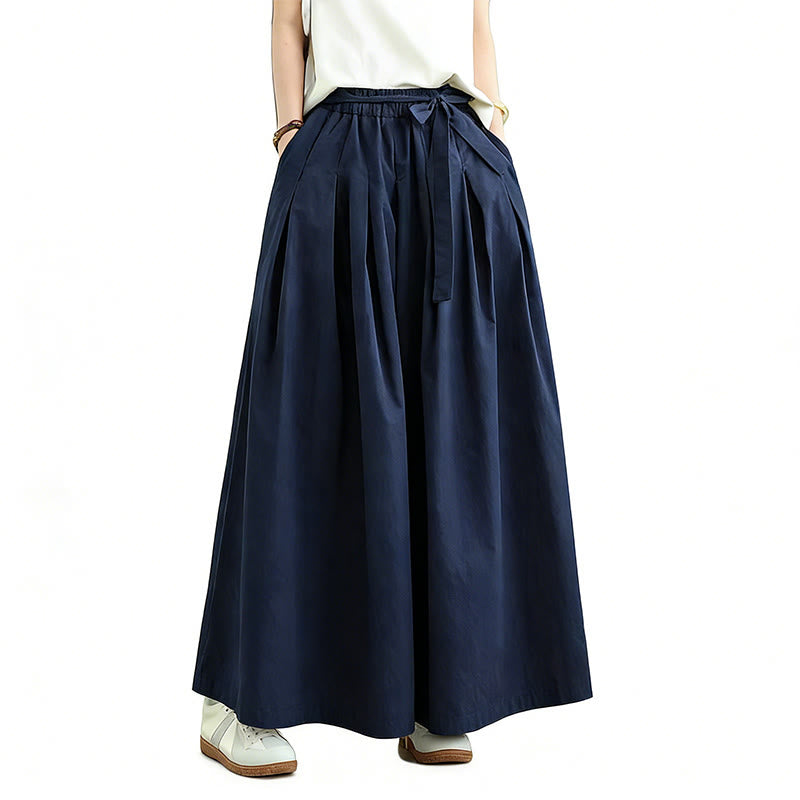 Buddha Stones Darkblue Plain Lace-up Design Women's Wide Leg Elastic Waist Pants With Pockets - image 14