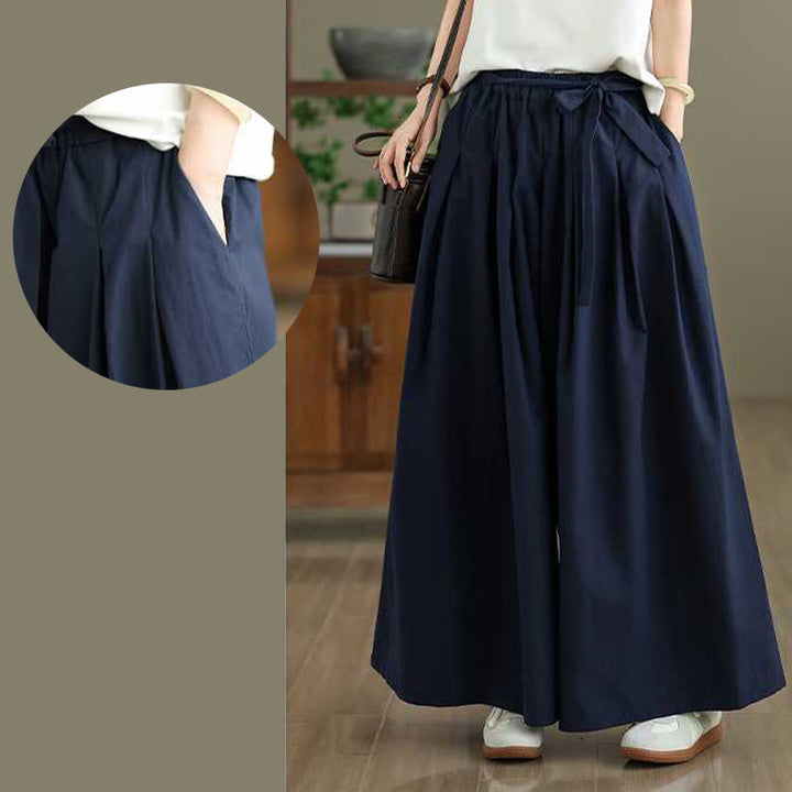 Buddha Stones Darkblue Plain Lace-up Design Women's Wide Leg Elastic Waist Pants With Pockets - image 8