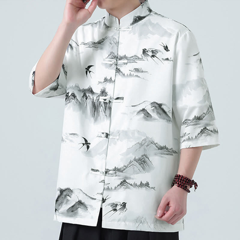Buddha Stones Printing Chinese Ink Landscape Pattern Men's Frog-button Half Sleeve Shirts - image 7