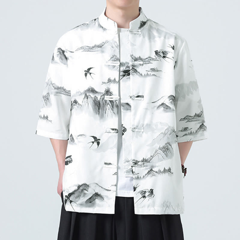Buddha Stones Printing Chinese Ink Landscape Pattern Men's Frog-button Half Sleeve Shirts - image 4