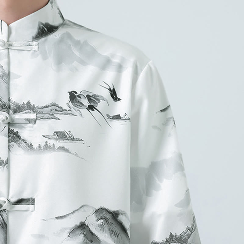 Buddha Stones Printing Chinese Ink Landscape Pattern Men's Frog-button Half Sleeve Shirts - image 9