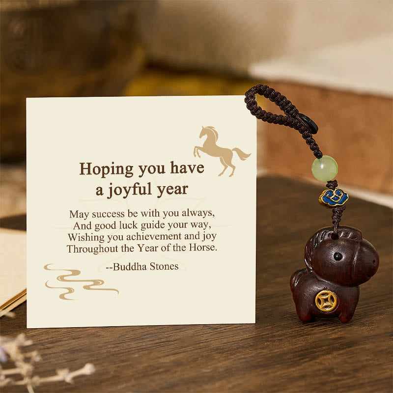 Buddha Stones "Hoping You Have a Joyful Year" Year of the Horse Rainbow Eucalyptus Small Leaf Red Sandalwood Key Chain Includes Gift Message Card - Small Leaf Red Sandalwood - Standard Gift Box - image 16