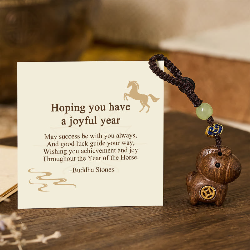Buddha Stones "Hoping You Have a Joyful Year" Year of the Horse Rainbow Eucalyptus Small Leaf Red Sandalwood Key Chain Includes Gift Message Card - Ebony - Standard Gift Box - image 27