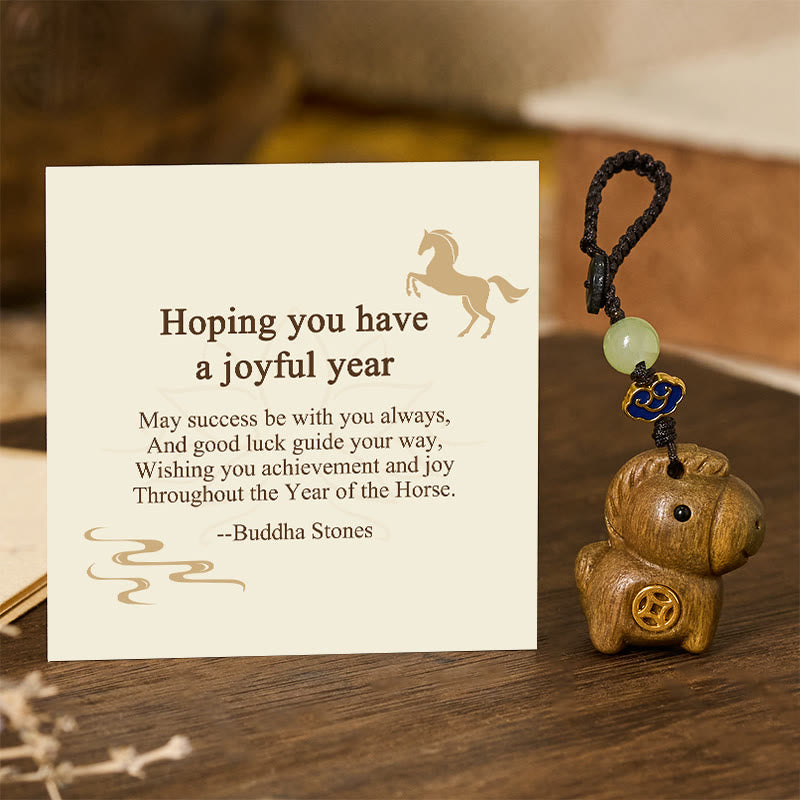 Buddha Stones "Hoping You Have a Joyful Year" Year of the Horse Rainbow Eucalyptus Small Leaf Red Sandalwood Key Chain Includes Gift Message Card - Green Sandalwood - Standard Gift Box - image 0