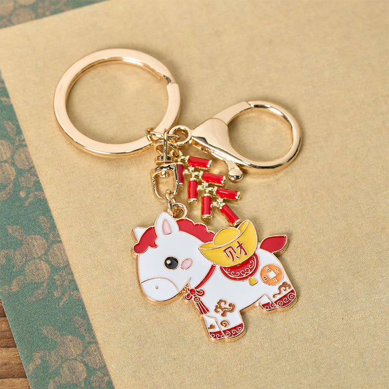 Buddha Stones "Hoping You Have a Joyful Year" Year of the Horse Ingot Red Firecrackers Alloy Key Chain Includes Gift Message Card - image 3