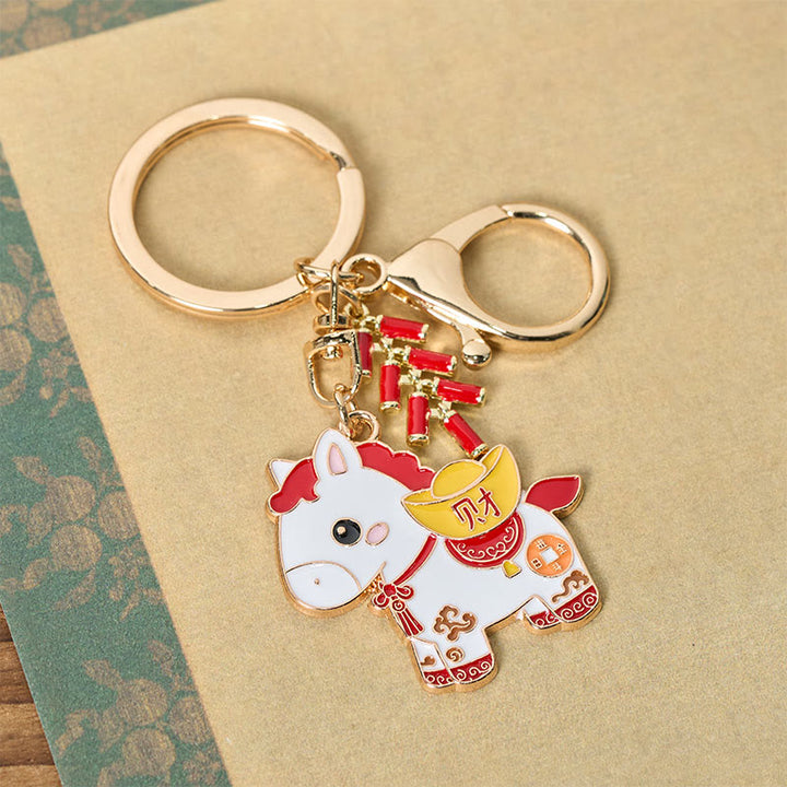 Buddha Stones "Hoping You Have a Joyful Year" Year of the Horse Ingot Red Firecrackers Alloy Key Chain Includes Gift Message Card - image 3