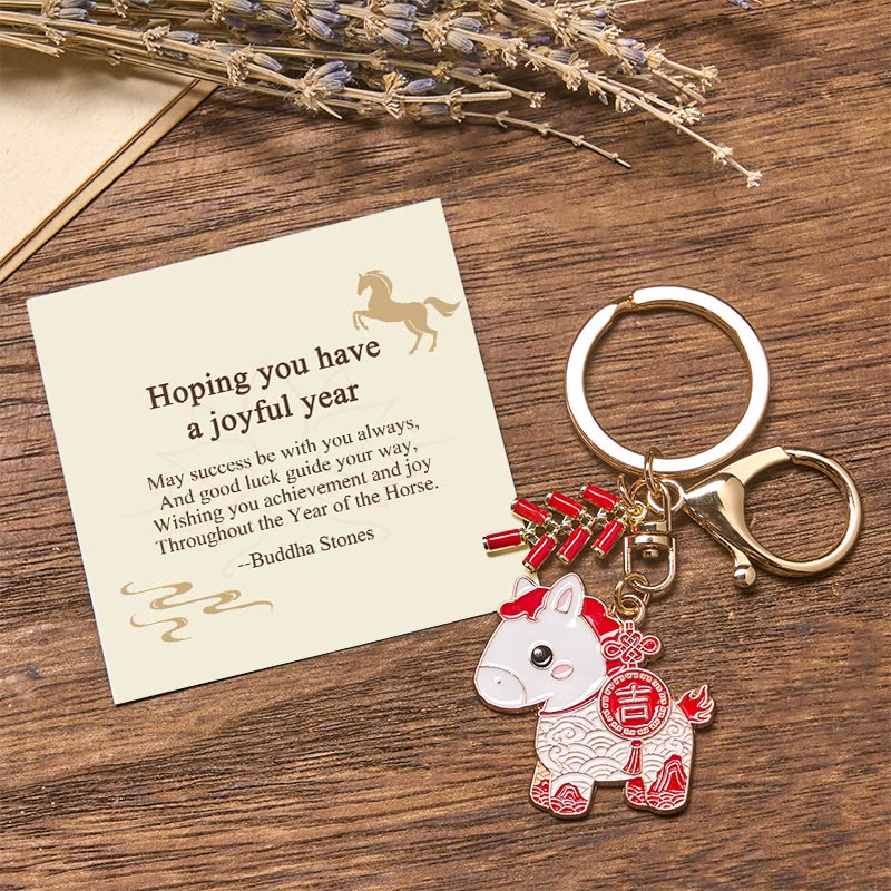 Buddha Stones "Hoping You Have a Joyful Year" Year of the Horse Ingot Red Firecrackers Alloy Key Chain Includes Gift Message Card - Year of the Horse Lucky - Standard Gift Box - image 11