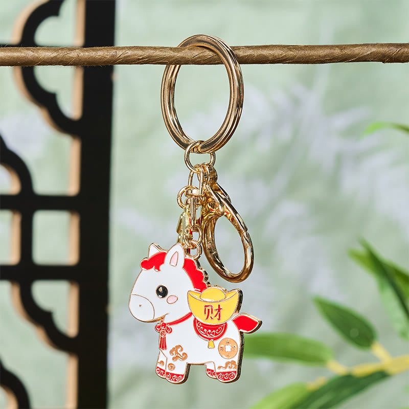 Buddha Stones "Hoping You Have a Joyful Year" Year of the Horse Ingot Red Firecrackers Alloy Key Chain Includes Gift Message Card - image 1