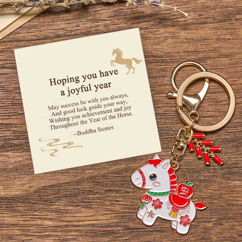 Buddha Stones "Hoping You Have a Joyful Year" Year of the Horse Ingot Red Firecrackers Alloy Key Chain Includes Gift Message Card - Year of the Horse Peace and Safe - Standard Gift Box - image 18
