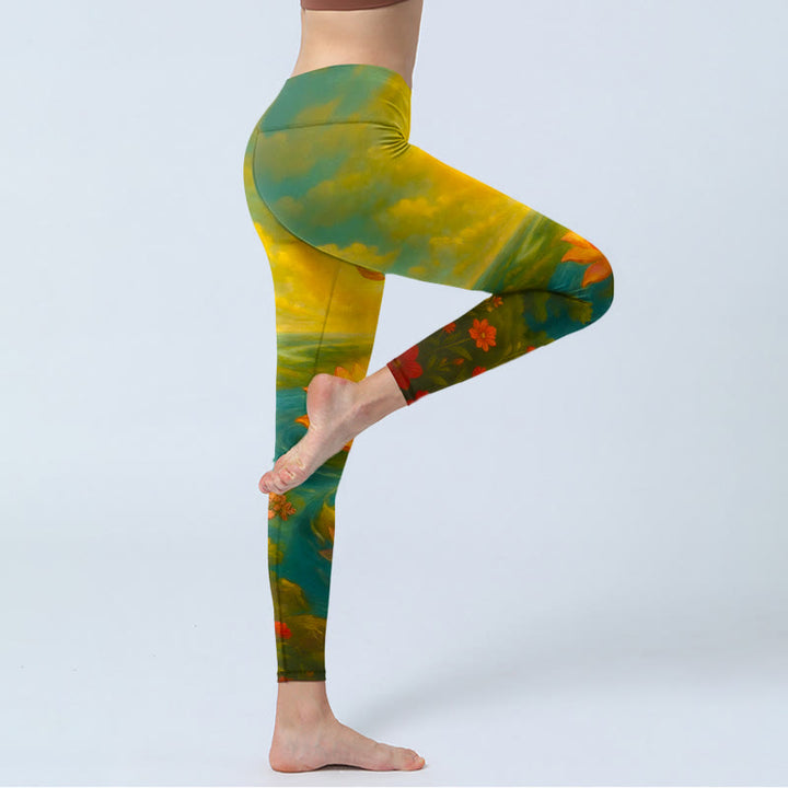Buddha Stones Symmetrical Om Symbol Lotus Flower Small Flower Tree Cloud Pattern Print Gym Leggings Women's Yoga Pants - image 3
