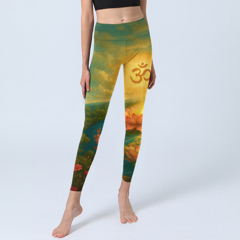 Buddha Stones Symmetrical Om Symbol Lotus Flower Small Flower Tree Cloud Pattern Print Gym Leggings Women's Yoga Pants - image 5
