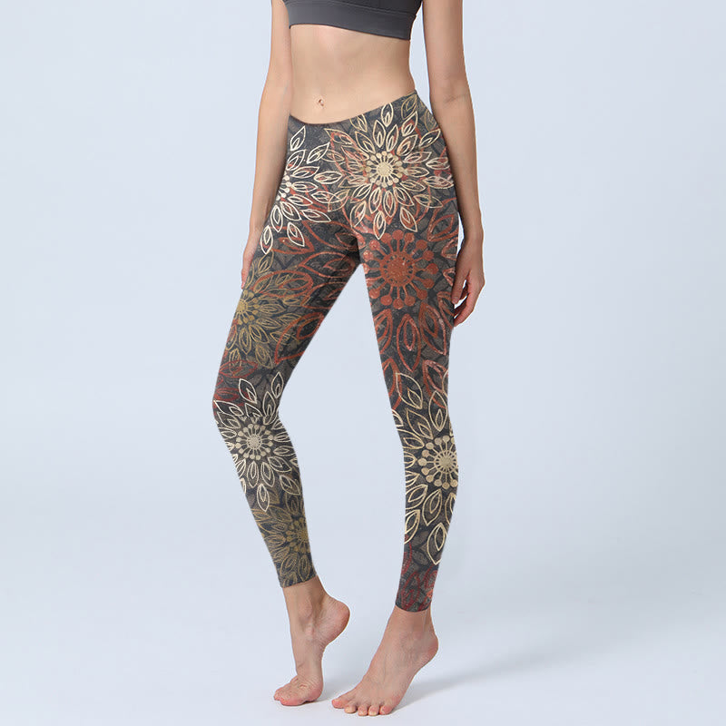 Buddha Stones Symmetrical Retro Flower Pattern Print Gym Leggings Women's Yoga Pants - Black - US18，UK/AU22，EU50 (4XL) - image 0