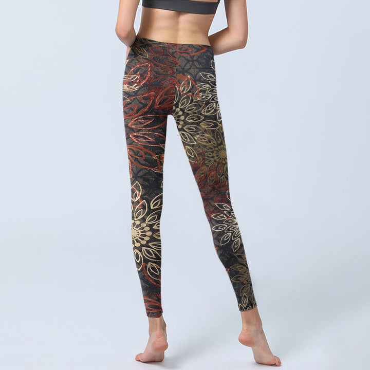 Buddha Stones Symmetrical Retro Flower Pattern Print Gym Leggings Women's Yoga Pants - image 6