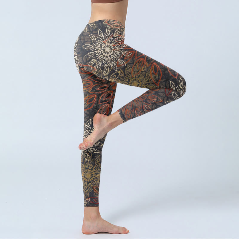 Buddha Stones Symmetrical Retro Flower Pattern Print Gym Leggings Women's Yoga Pants - image 3