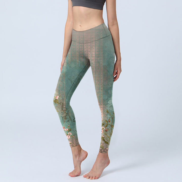 Buddha Stones Symmetrical Retro Flower Leaf Vine Fence Pattern Print Gym Leggings Women's Yoga Pants - LightSeaGreen - US18，UK/AU22，EU50 (4XL) - image 0