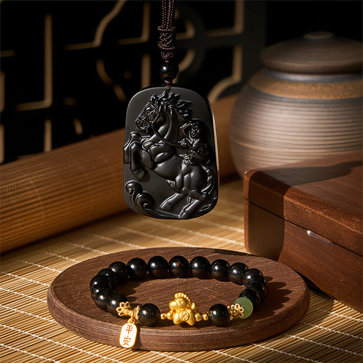 Buddha Stones Year Of The Horse Black Obsidian Hetian Jade Strength Bundle - The Horse Black Obsidian Strength Bundle - image 0