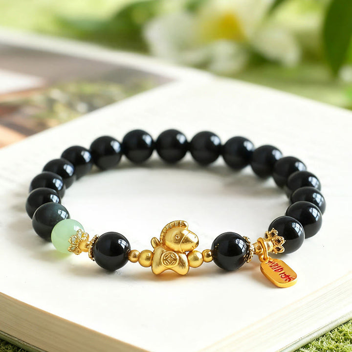 Buddha Stones Year Of The Horse Black Obsidian Hetian Jade Strength Bundle - image 1
