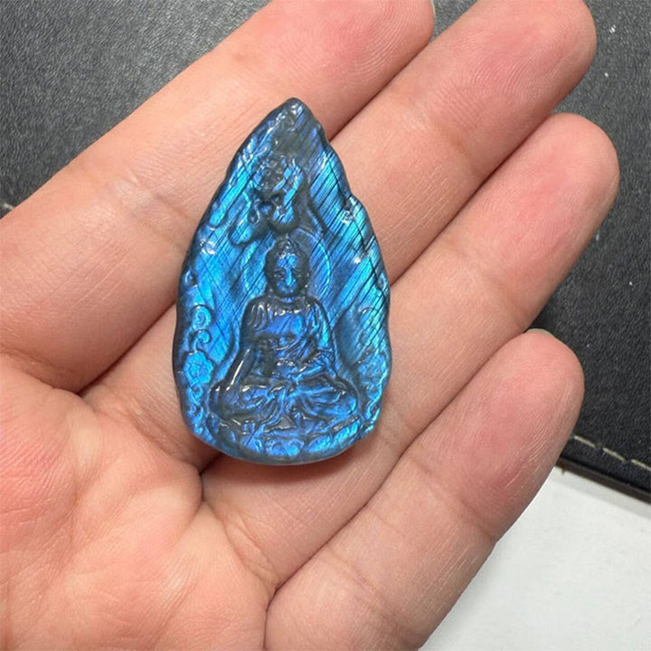 Buddha Stones Engraving Buddha Natural Labradorite Teardrop Shape Figurine Cure Statue Home Decoration - Blue Buddha 3.5*3.5*0.8cm - image 8