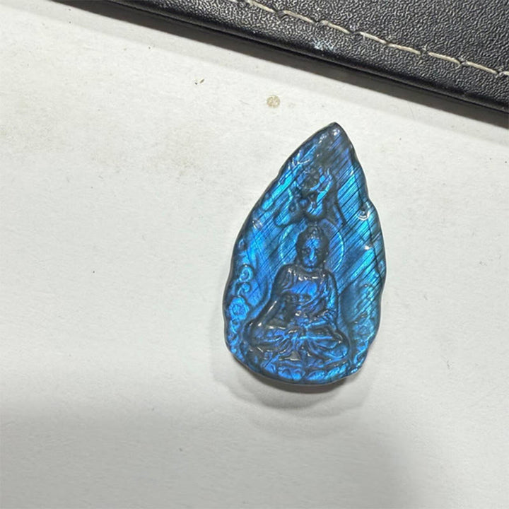 Buddha Stones Engraving Buddha Natural Labradorite Teardrop Shape Figurine Cure Statue Home Decoration - image 2