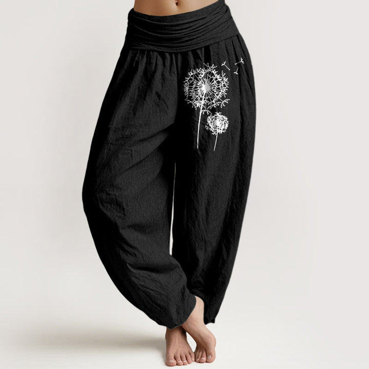 Buddha Stones Pure Cotton Minimalist Style Dandelion Pattern Women's Elastic Waist Harem Pants - Black - US16，UK/AU20，EU48 (3XL) - image 5