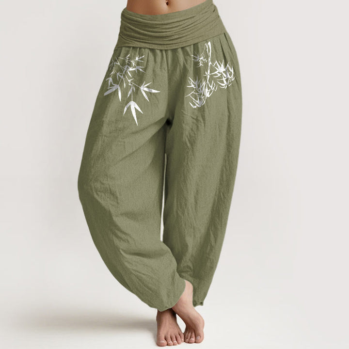 Buddha Stones Pure Cotton Minimalist Style Bamboo Leaf Pattern Women's Elastic Waist Harem Pants - OliveDrab - US16，UK/AU20，EU48 (3XL) - image 0