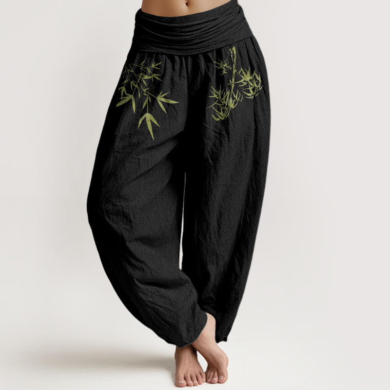 Buddha Stones Pure Cotton Minimalist Style Bamboo Leaf Pattern Women's Elastic Waist Harem Pants - Black - US16，UK/AU20，EU48 (3XL) - image 5