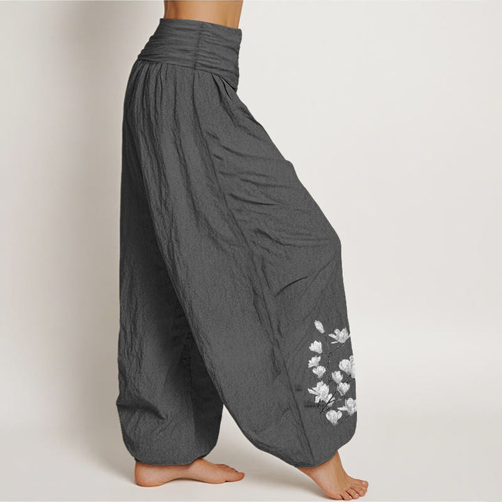 Buddha Stones Pure Cotton Minimalist Style Magnolia Flower Pattern Women's Elastic Waist Harem Pants - image 10