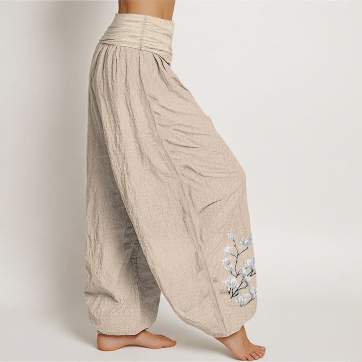 Buddha Stones Pure Cotton Minimalist Style Magnolia Flower Pattern Women's Elastic Waist Harem Pants - image 13