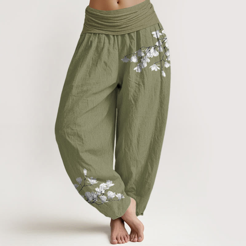 Buddha Stones Pure Cotton Minimalist Style Magnolia Flower Pattern Women's Elastic Waist Harem Pants - OliveDrab - US16，UK/AU20，EU48 (3XL) - image 14