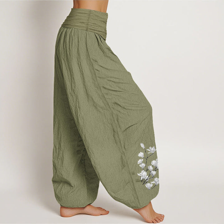 Buddha Stones Pure Cotton Minimalist Style Magnolia Flower Pattern Women's Elastic Waist Harem Pants - image 16