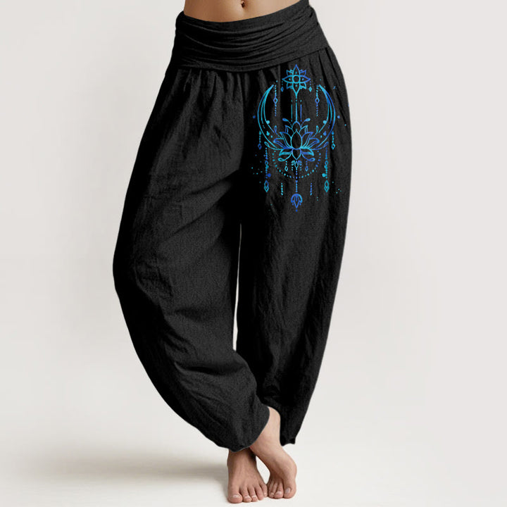 Buddha Stones Pure Cotton Elegant Lotus Pattern Women's Elastic Waist Harem Pants - Black - US16，UK/AU20，EU48 (3XL) - image 0