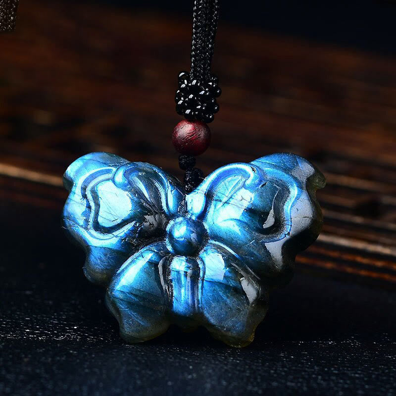 Buddha Stones Carved Butterfly Natural Labradorite Rope Healing Freedom Necklace Pendant - Butterfly 4.3*3.2cm - image 0