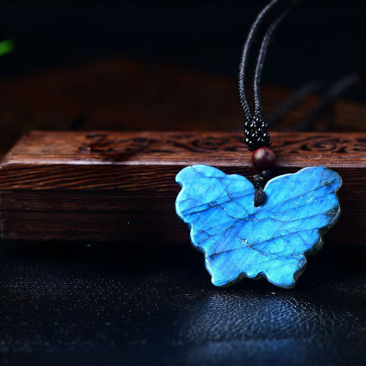 Buddha Stones Carved Butterfly Natural Labradorite Rope Healing Freedom Necklace Pendant - image 2
