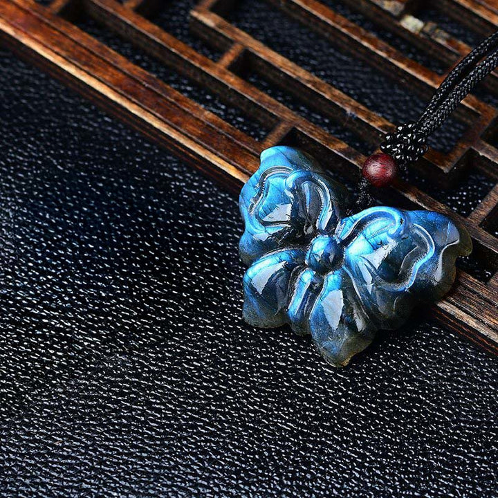 Buddha Stones Carved Butterfly Natural Labradorite Rope Healing Freedom Necklace Pendant - image 1