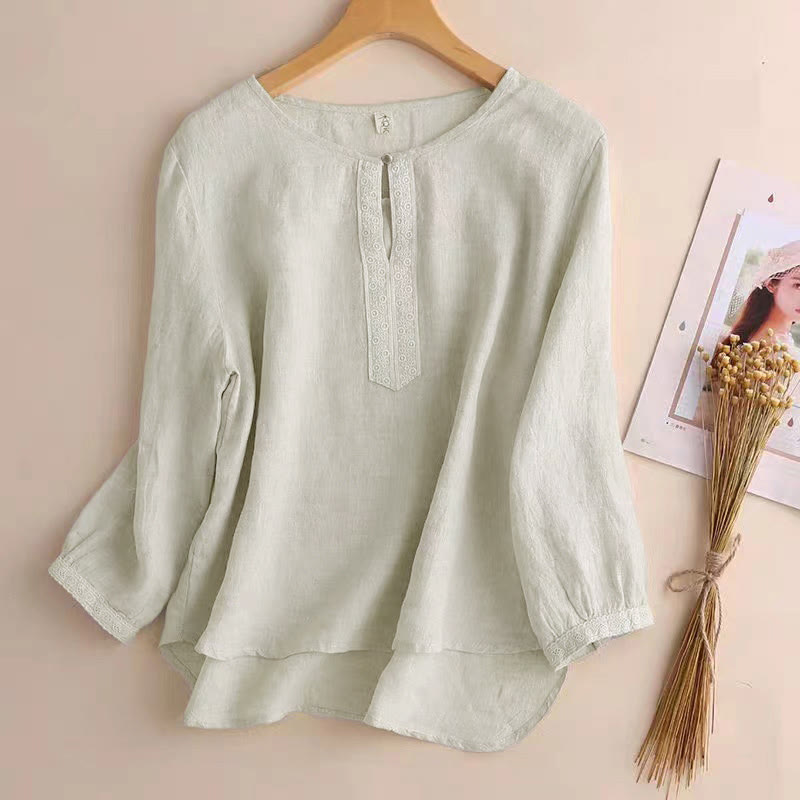 Buddha Stones Casual Plain Women's Hollow Crew Neck Design Three Quarter Sleeve Shirt - Linen - US8-10，UK/AU12-14，EU40-42 (2XL) - image 11